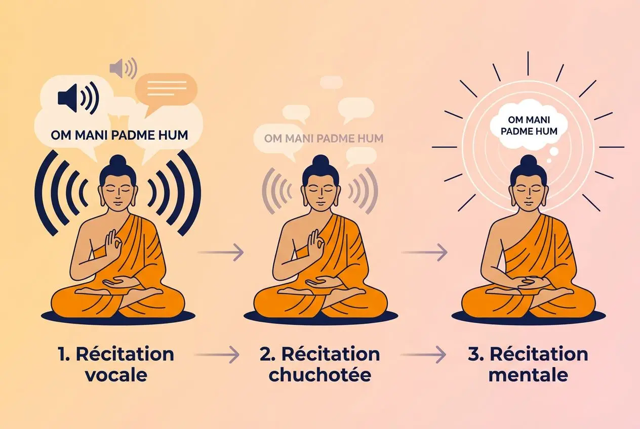 Qu est ce qu un mantra bouddhiste ? Diagramme illustrant une méditation en trois étapes: récitation vocale, récitation chuchotée et récitation mentale chez un moine bouddhiste en méditation.