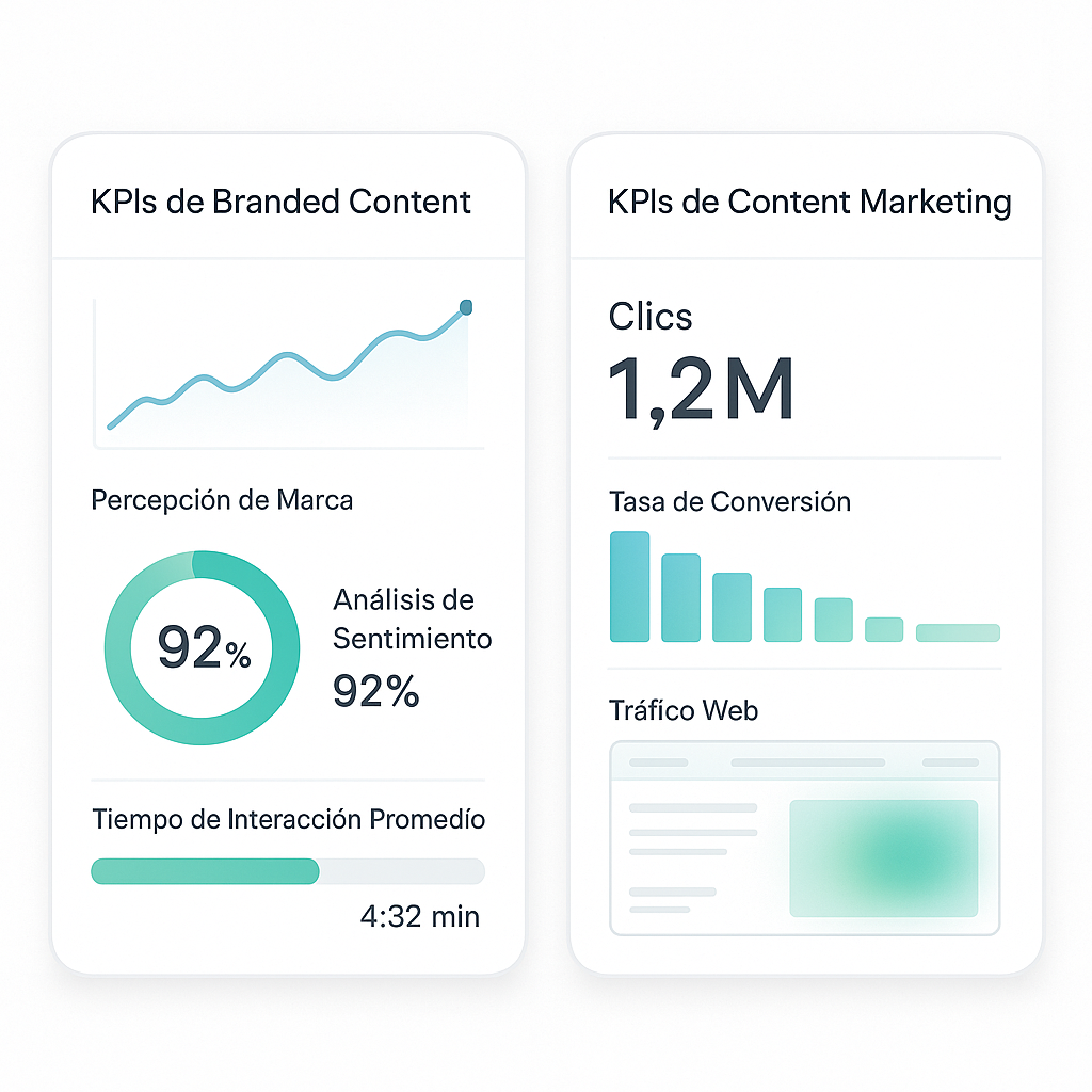 Dashboard de analítica comparando los KPIs de Branded Content (percepción de marca, sentimiento, tiempo de interacción) con los de Content Marketing (clics, tasa de conversión, tráfico), mostrando sus diferentes objetivos de medición.