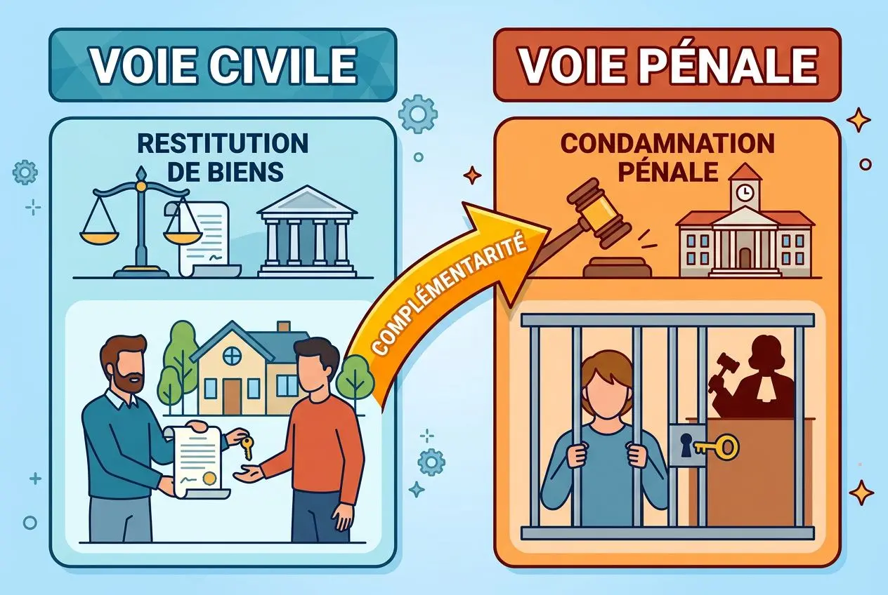 Illustration guide: Voie civile et voie pénale pour restitution de biens et condamnation pénale; flèche « complémentarité » entre les deux.