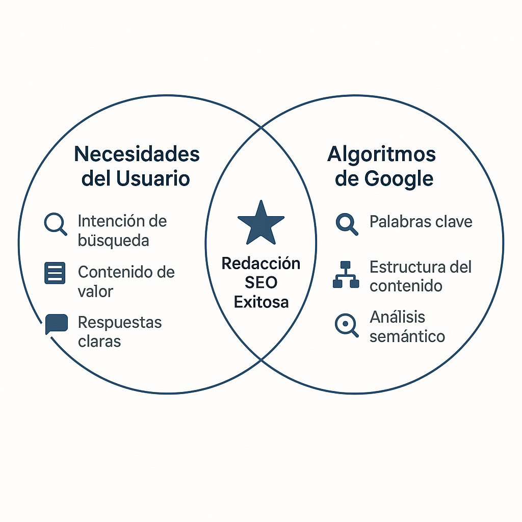 Esquema que muestra la Redacción SEO como la intersección entre las necesidades del usuario y los algoritmos de Google.