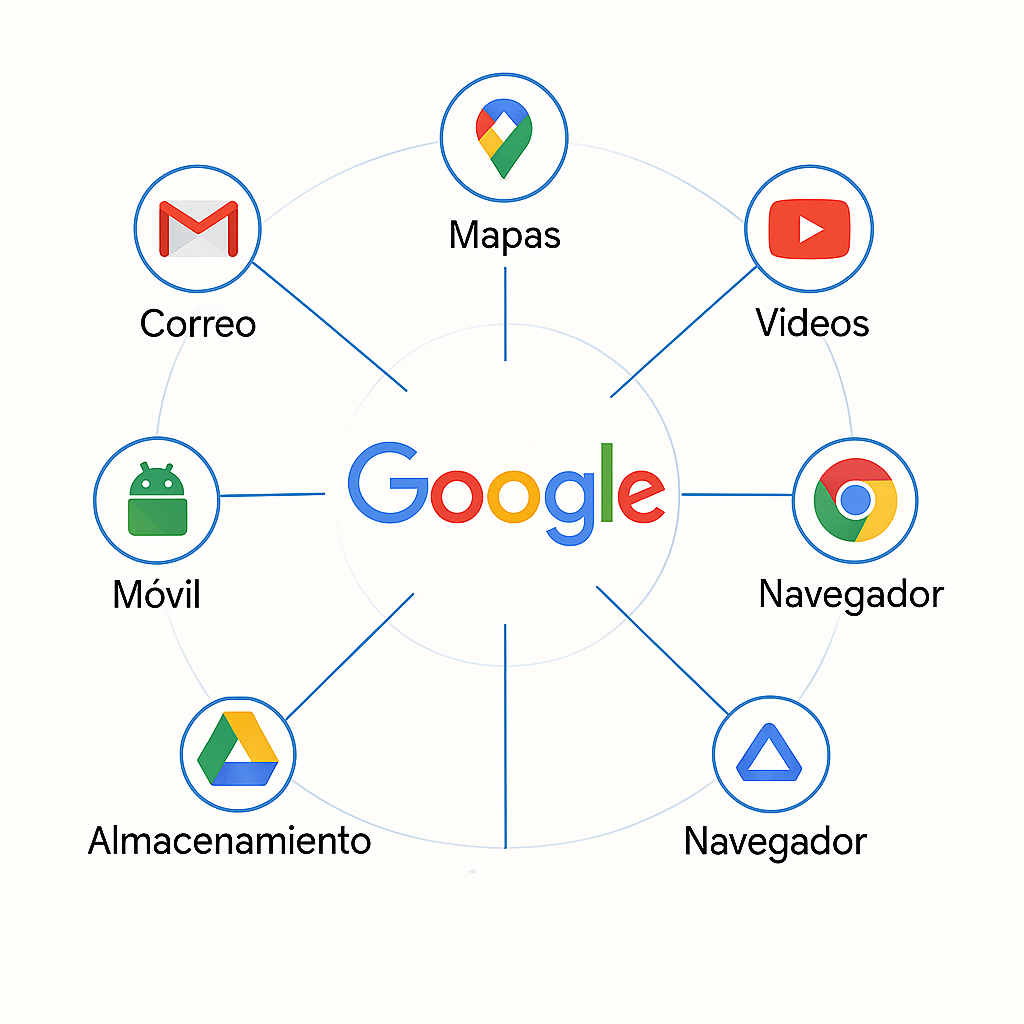 Gráfico del ecosistema de productos de Google, mostrando la interconexión entre servicios como Gmail, Maps, YouTube y Android.