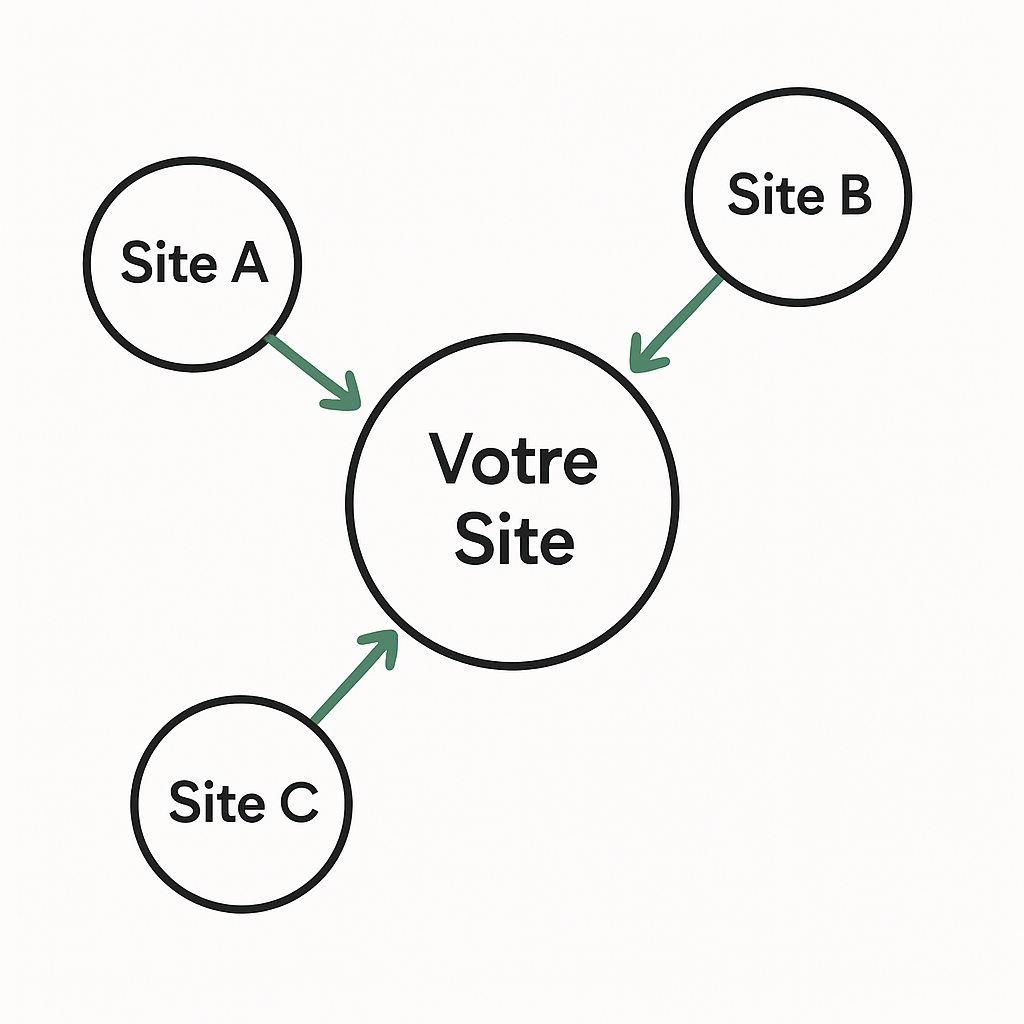 Schéma expliquant une stratégie de netlinking de qualité avec des backlinks provenant de sites d'autorité.