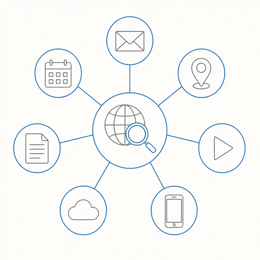 Schéma en étoile d'un écosystème de services en ligne : messagerie, cartes, vidéo, mobile, stockage, documents et agenda.