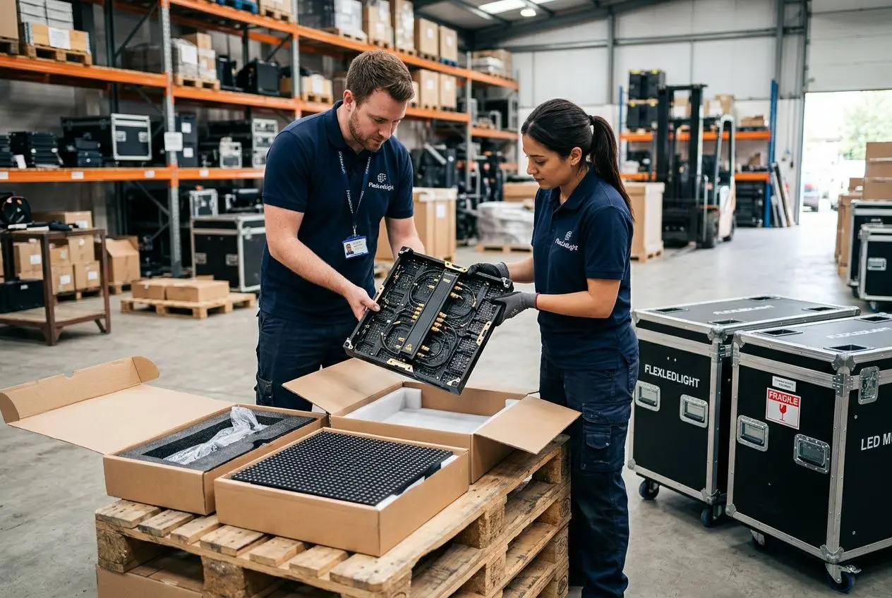 Deux techniciens manipulent un module d’écran LED dans un atelier: palettes et caisses stockées en arrière-plan, boxes et matériel de montage visibles. installation ecran geant led par préparation et inspection.