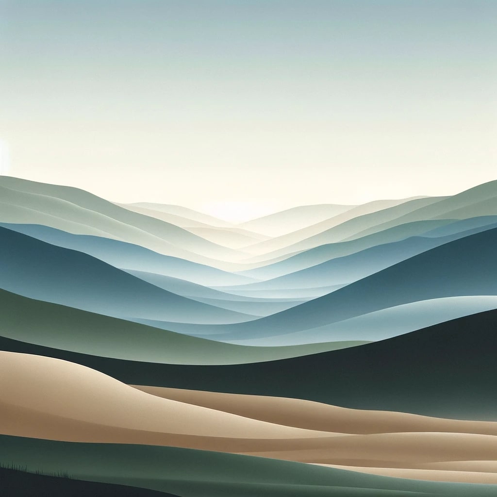 Paysage abstrait de dunes et collines en couches pastel, horizon lumineux, couleurs bleues et sableuses.