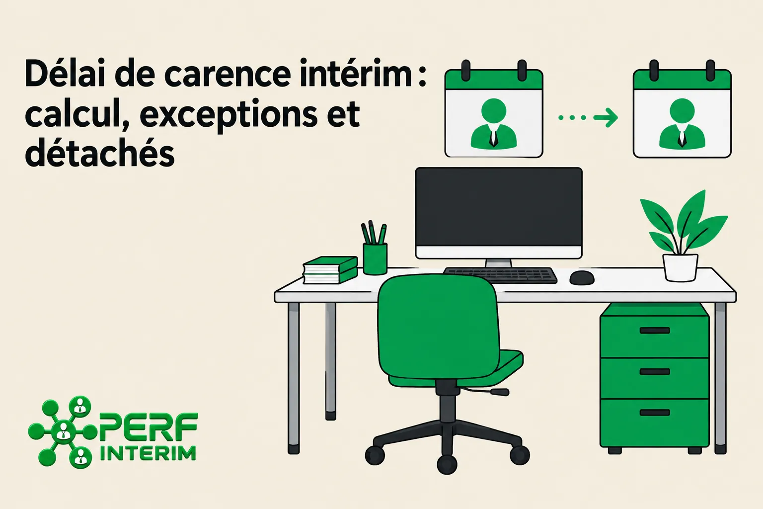 Bureau avec écran d’ordinateur, chaise verte et petit meuble vert sous le bureau, décor épuré.