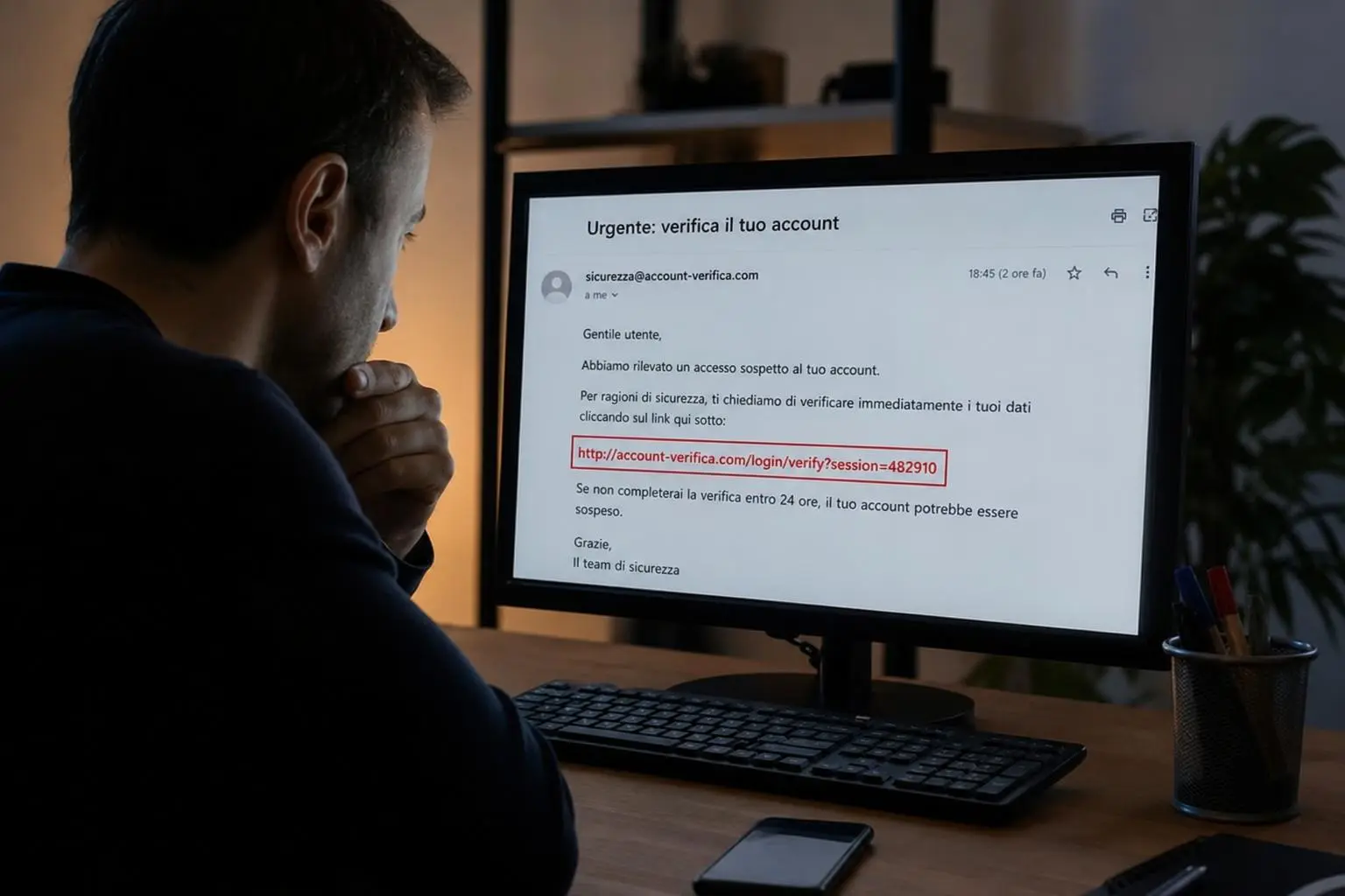 Utente al computer controlla un messaggio di verifica account sospetto, riflettendo su come difendersi dalle truffe online.