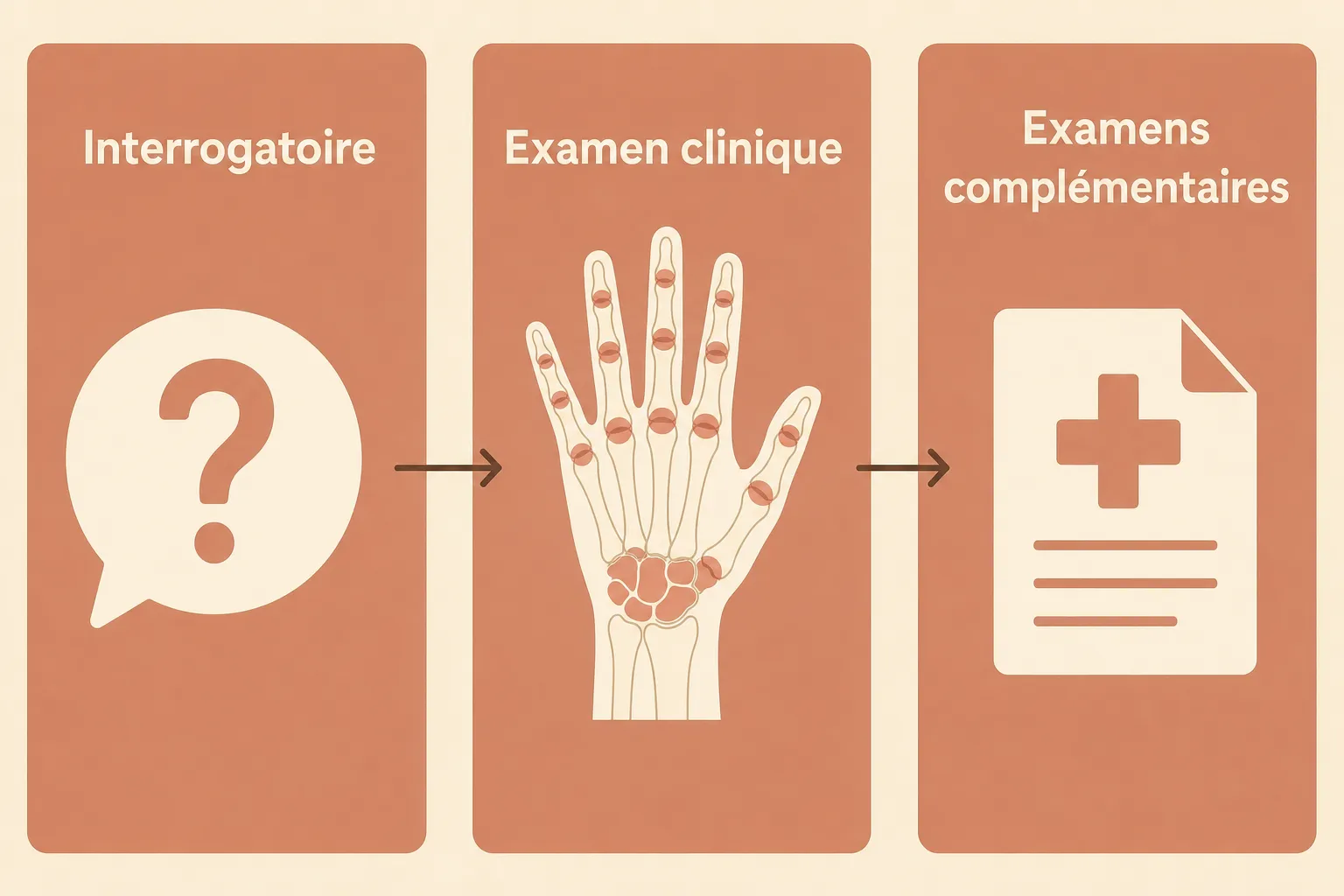 Processus: interrogatoire → examen clinique de la main → examens complémentaires, image d’une main avec articulation douloureuse et flèches entre les étapes. Douleur articulation décrite.