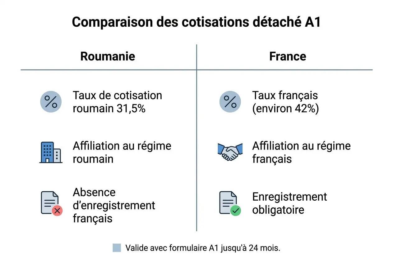 Comparaison des cotisations détaché A1 montrant la Roumanie et la France avec taux, affiliation et enregistrement, dérivé pour couverture sociale travailleur détaché roumain