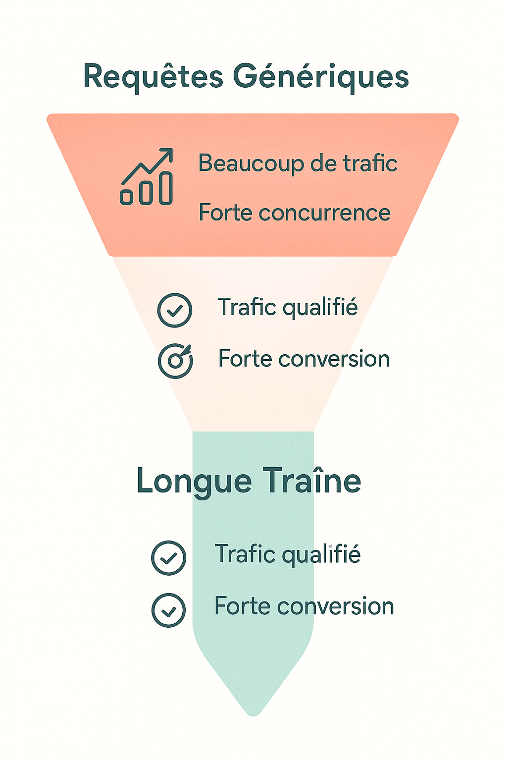 Graphique de la longue traîne montrant la différence de volume et de conversion entre les requêtes génériques et spécifiques.