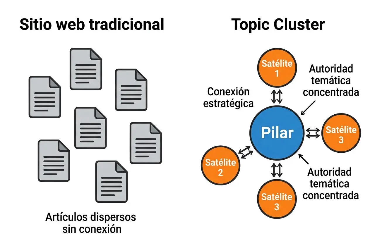 Imagen comparativa: sitio web tradicional con artículos dispersos sin conexión y Topic Clusters con un pilar central y satélites conectados. Integración: topic clusters mejoran la estructura SEO por tema.