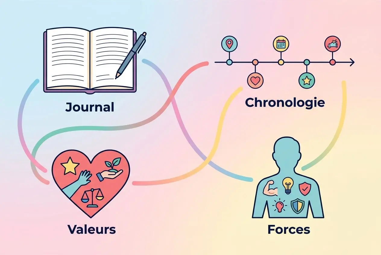 Livre et carnet sur fond pastel, avec “Journal” et “Chronologie”, symbole de valeurs, forces et intelligences internes. comment bien se connaitre soi meme, guide.