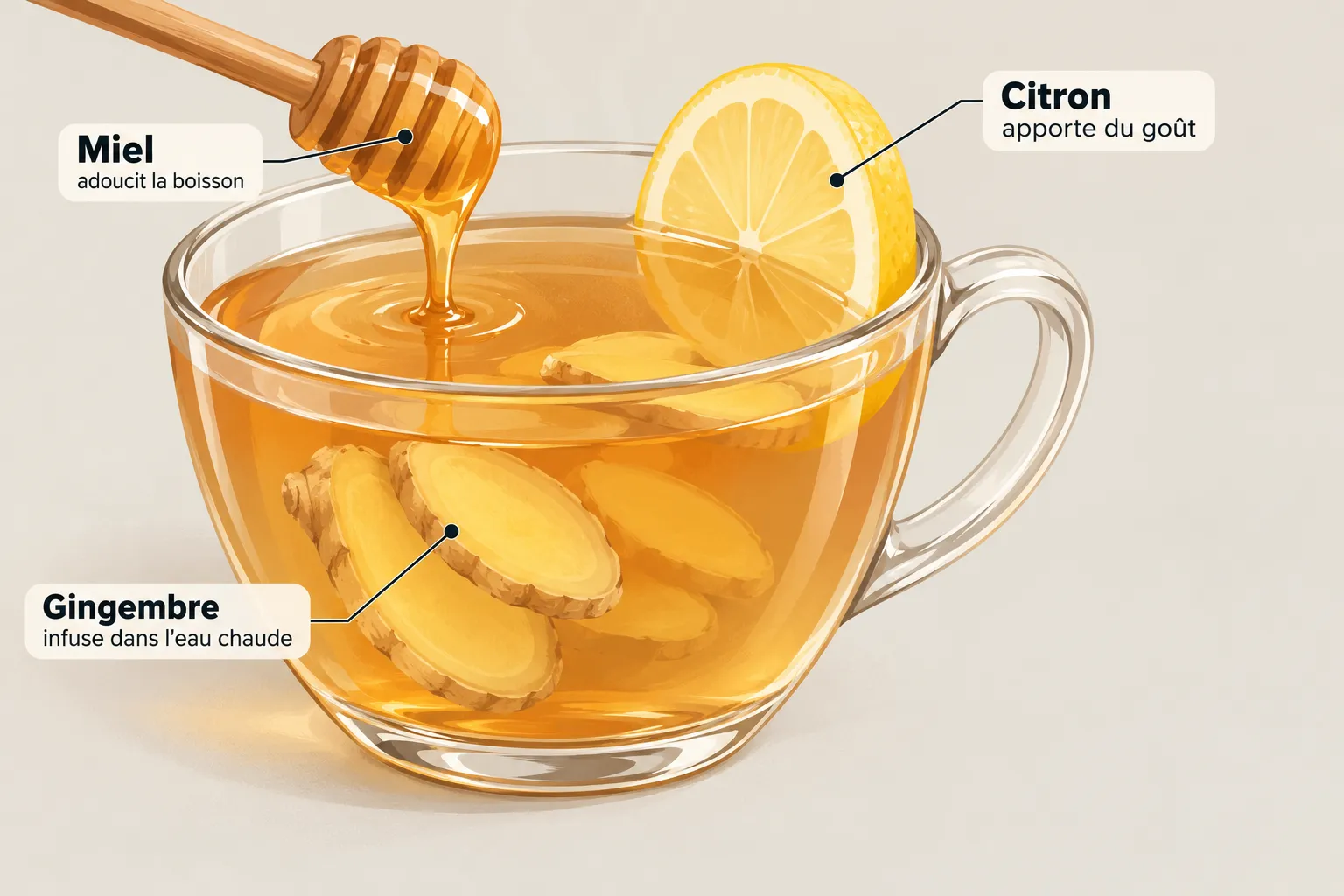 Infusion chaude avec tranches de gingembre dans une tasse, garnie de rondelles de citron et d’un filet de miel sur le dessus.