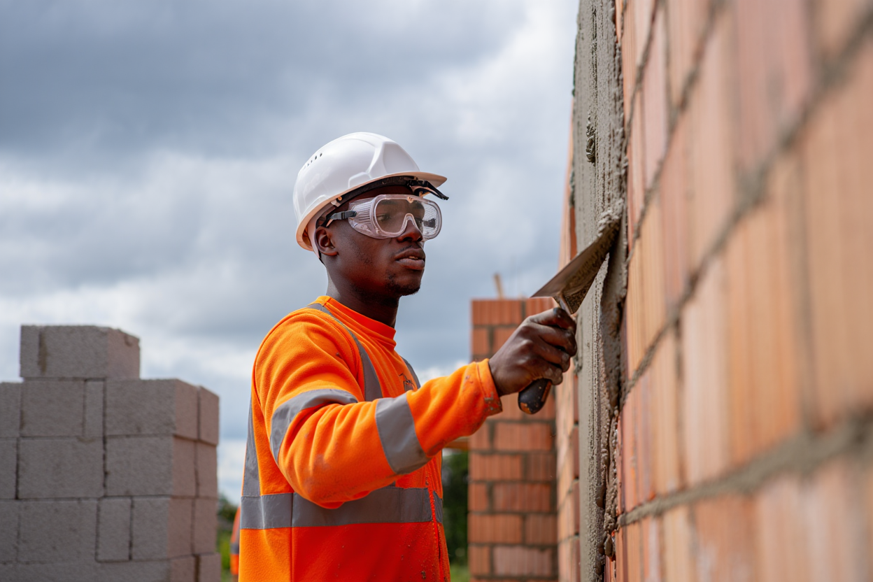 Maçon en chantier avec lunettes de protection