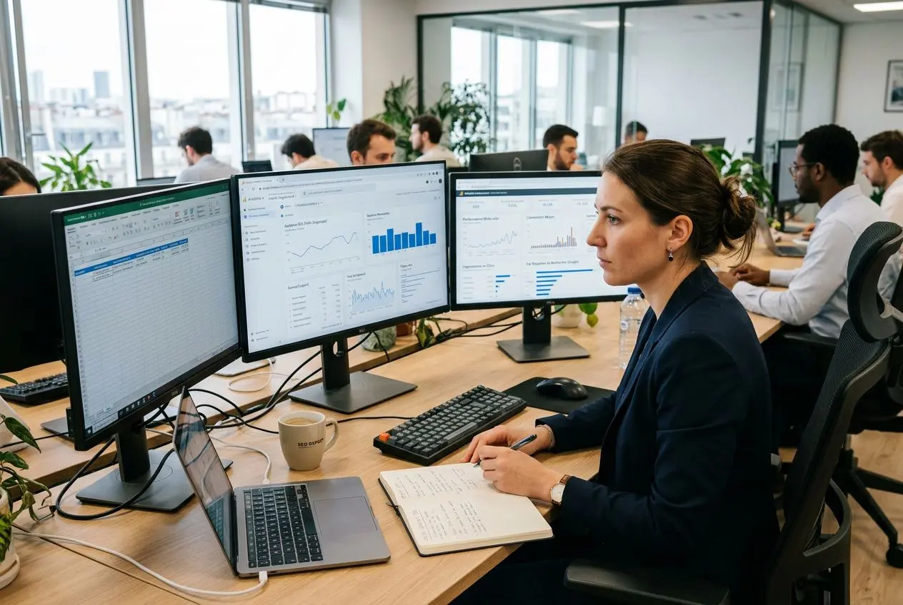 Analyste SEO travaillant sur trois écrans affichant des graphiques et données, prendre des notes dans un carnet, ambiance bureau. KPI suivi positionnement essentiels pour booster la performance SEO.