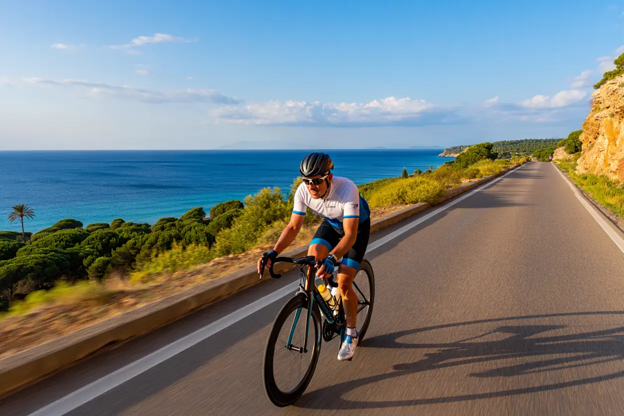 Cyclistes roulant sur une route côtière de Majorque avec vue sur la mer Méditerranée