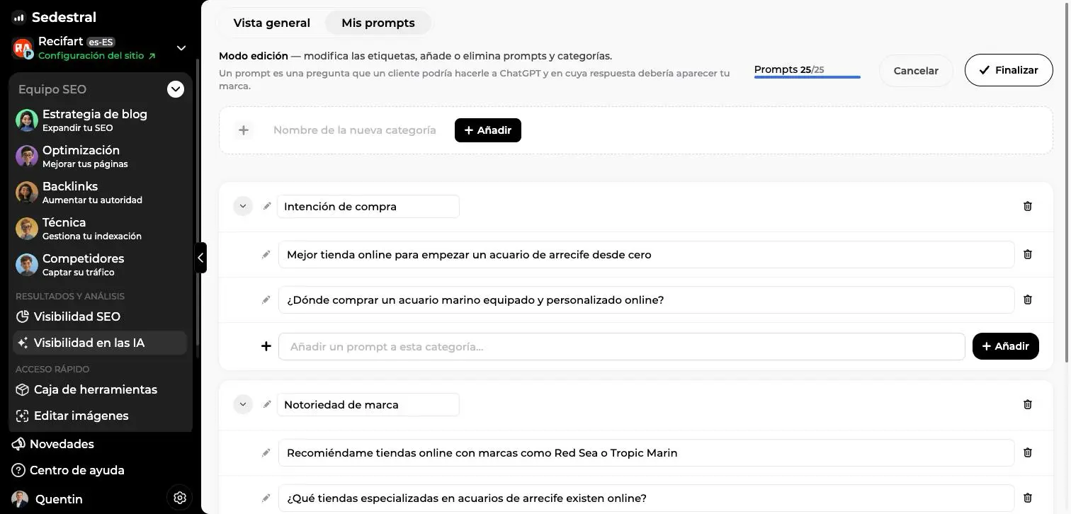 Modo edición de los prompts en Sedestral, con campo de nueva categoría, prompts editables y botones Cancelar y Finalizar