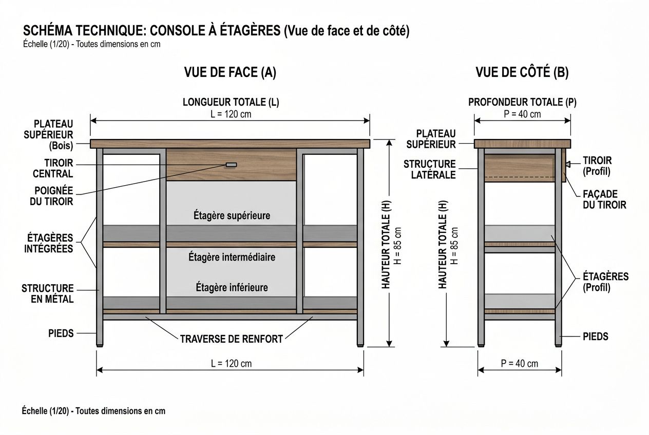 Schéma technique d’une console à étagères en façade et côté: structure métallique, étagères intégrées et plateau supérieur en bois.