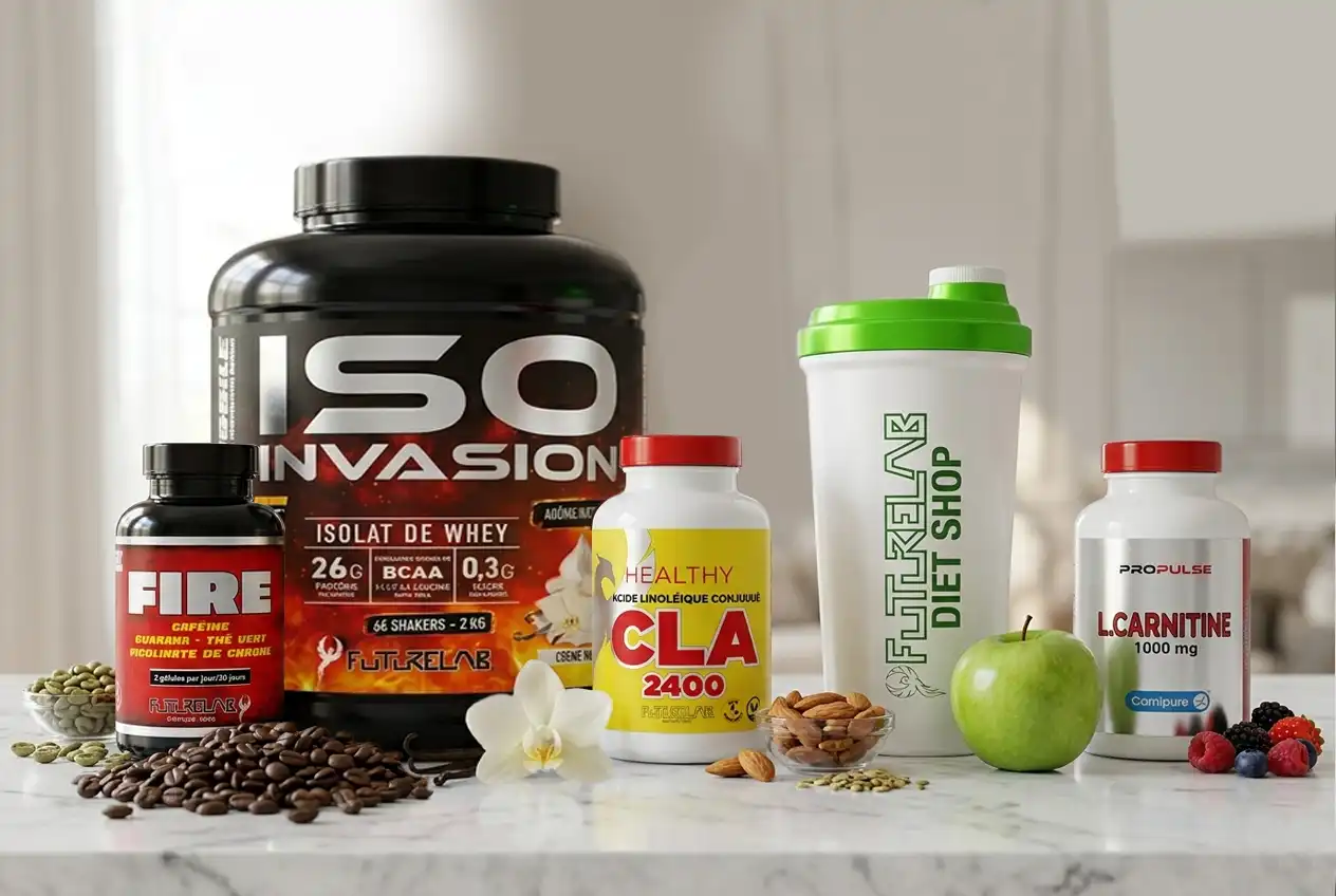 Gamme de compléments sportifs: pots de protéines ISO INVASION, CLA 2400, Fire et L-Carnitine, shakers et fruits, sur fond blanc.