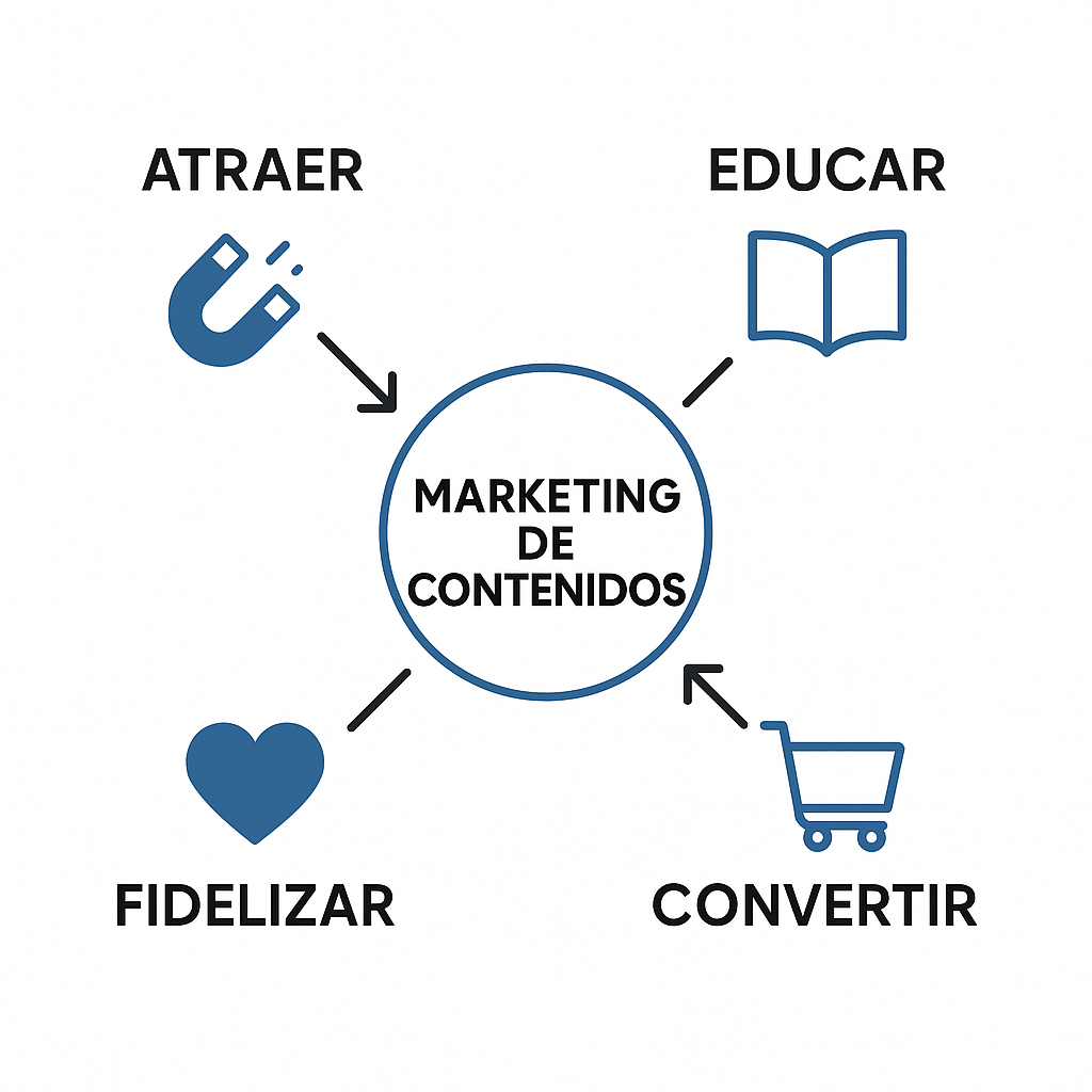 Diagrama de flujo que ilustra los objetivos clave del marketing de contenidos: atraer, educar, fidelizar y convertir a la audiencia.