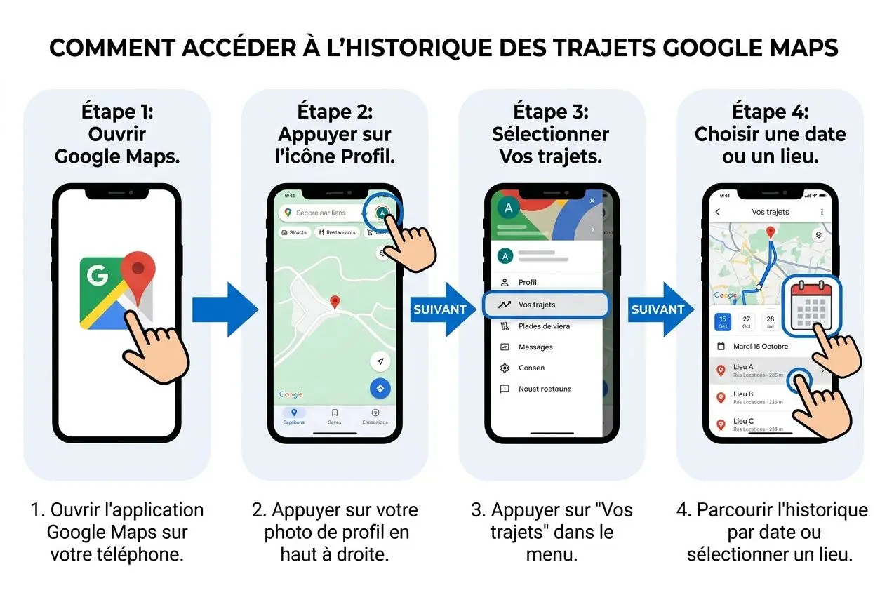 Historique des positions Google importance: étapes illustrant comment accéder et gérer vos trajets sur Google Maps.