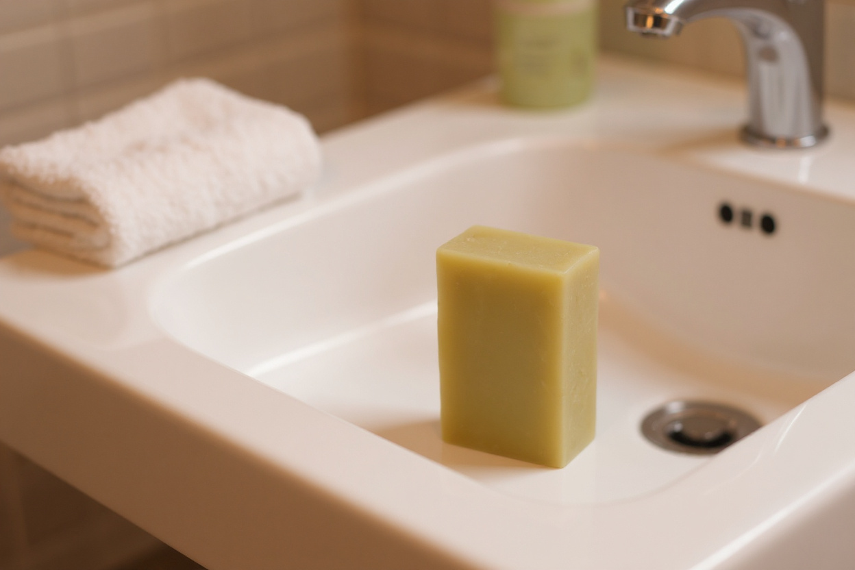 Un savonhypoallergénique sans huiles essentielles posé sur le bord d’un lavabo blanc, dans une douce lumière matinale.