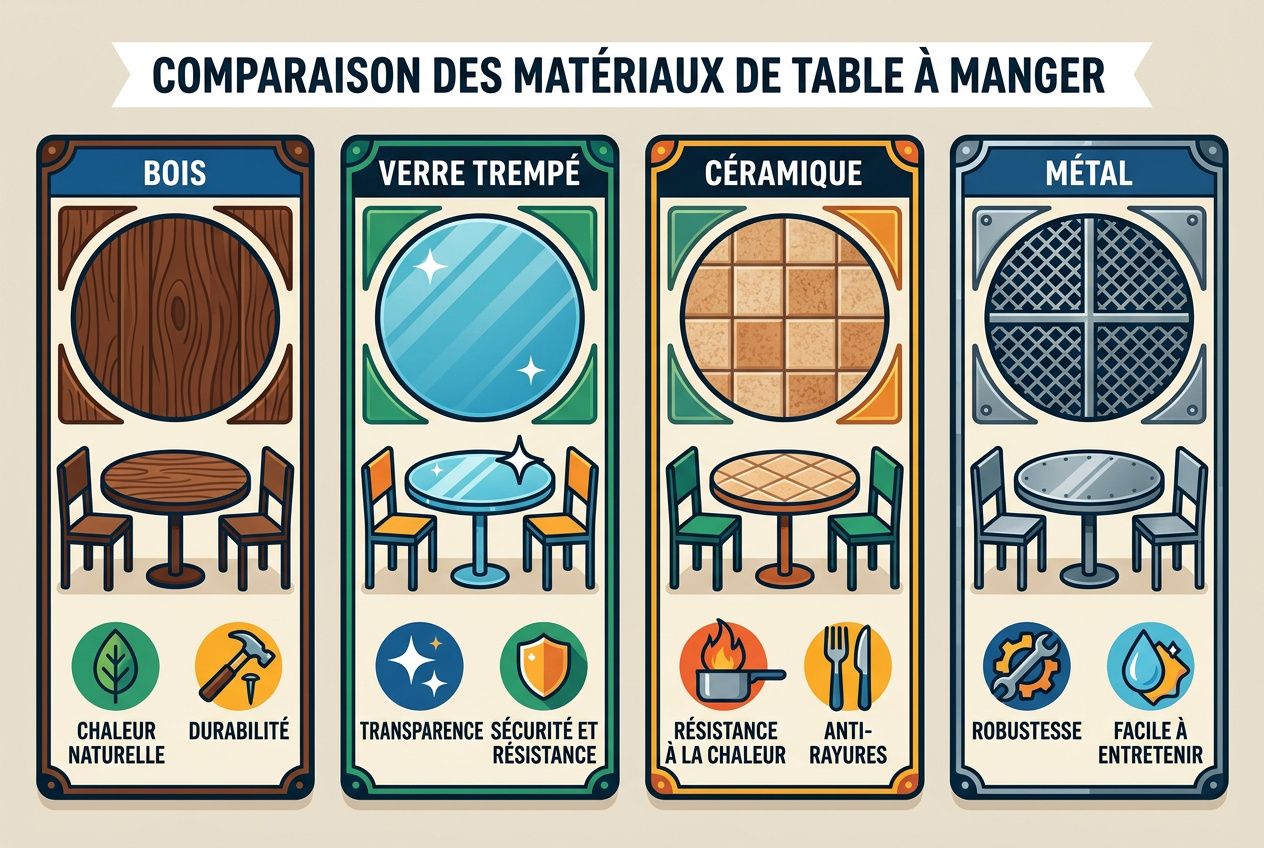 Comparaison des matériaux de table à manger: bois, verre trempé, céramique et métal, avec chaises et symboles de chaleur naturelle, durabilité et sécurité.