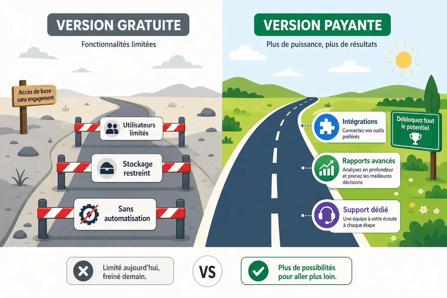 Comparaison visuelle: version gratuite en zone désertique avec barrières et limitations; version payante en route ouverte avec icônes d’intégrations et support dédié pour un crm en ligne.