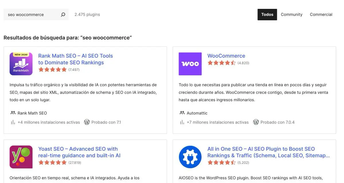 Repositorio de WordPress, búsqueda seo woocommerce: 2.475 plugins, Rank Math con más de 4 millones de instalaciones activas y Yoast SEO con 27.819 valoraciones.