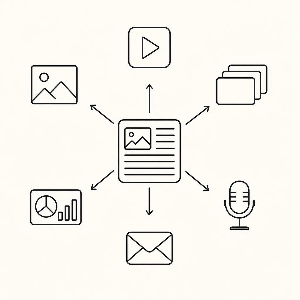 Schéma de l'atomisation de contenu : un article central redistribué vers six formats (vidéo, carrousel, podcast, e-mail, infographie, visuel).