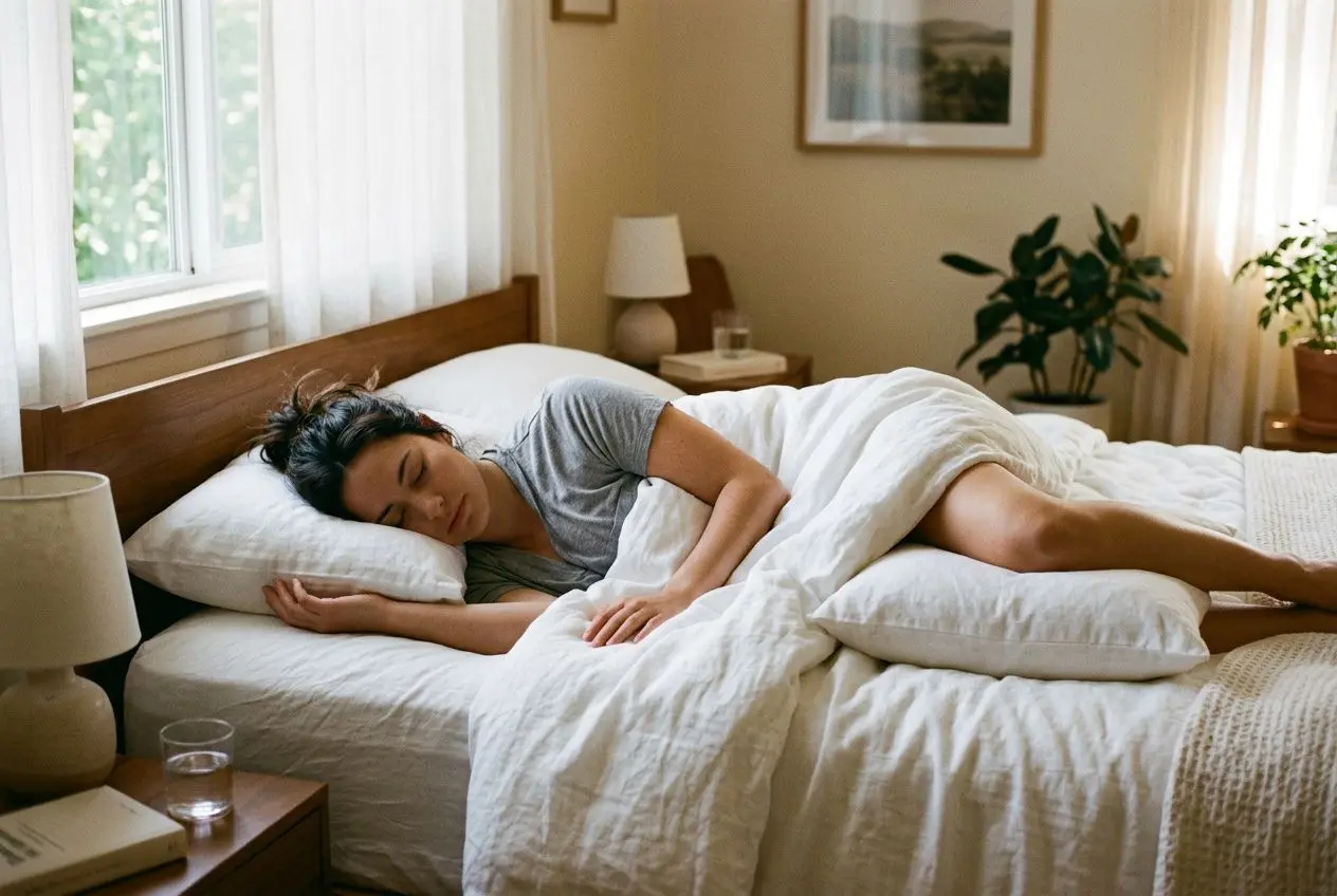 Femme dormir sur le côté gauche dans un lit, entourée de coussins blancs et d’un décor de chambre lumineux. Meilleur position pour dormir digestion.
