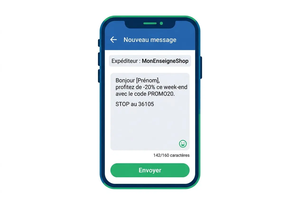 Écran de smartphone montrant la composition d’un nouveau SMS marketing à envoyer, avec bouton Envoyer au bas. Le texte affiche un expéditeur et un message type. intégré logique de création de campagne sms.