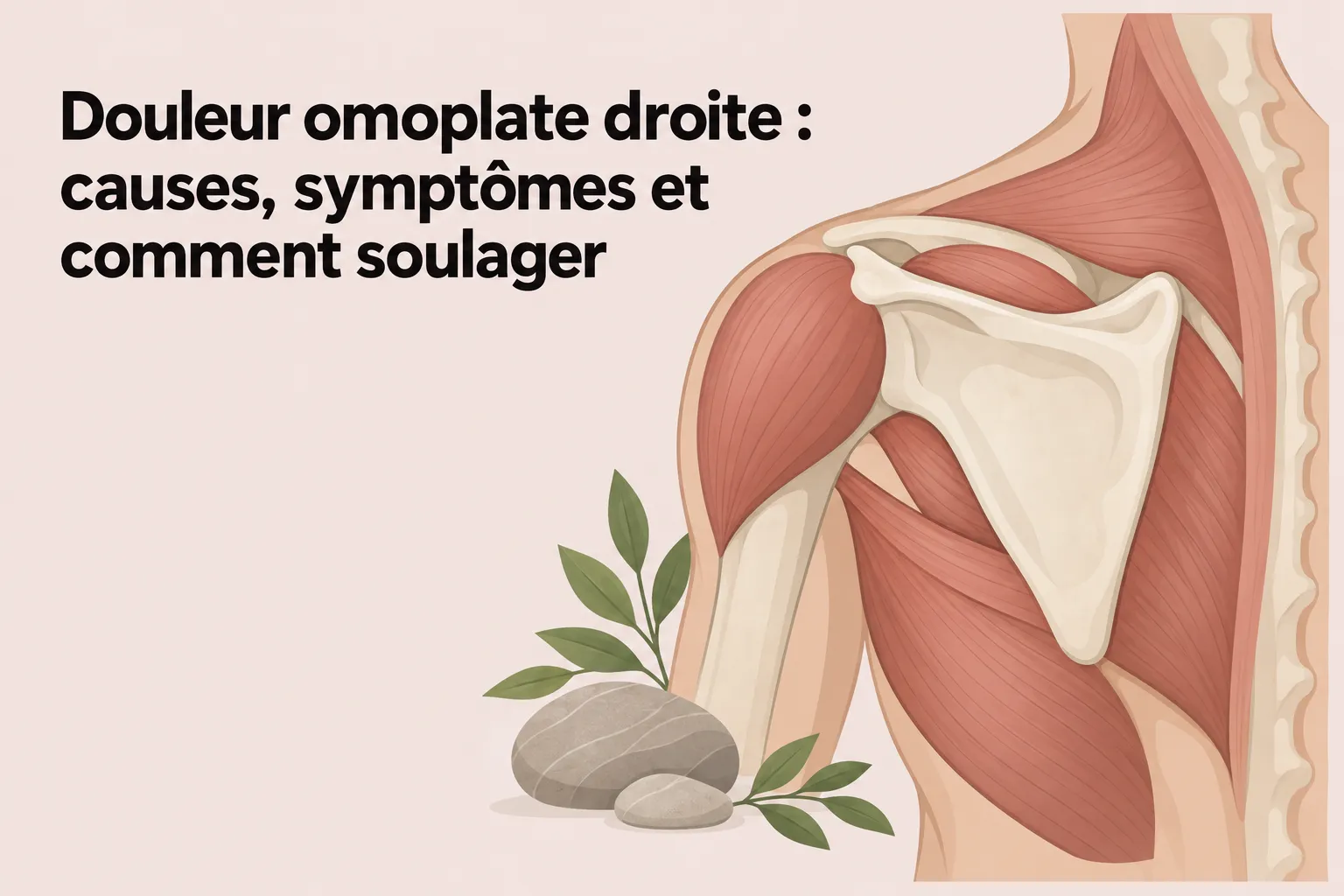 Douleur omoplate droite montrée près d’une articulation de l’épaule, racines naturelles et muscles visibles, avec éléments graphiques illustratifs.