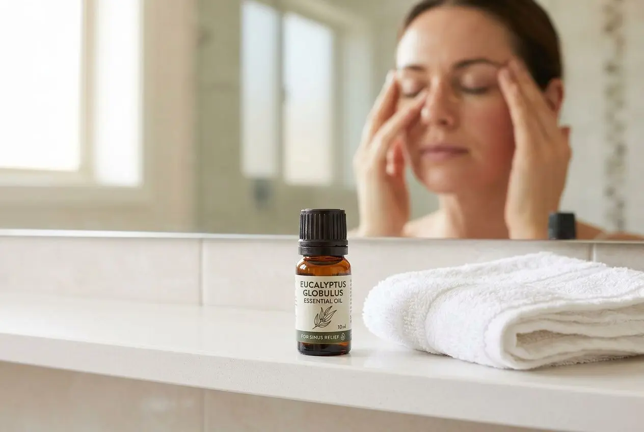Huiles essentielles pour migraine et sinusite : bouteille d’eucalyptus sur une salle de bains près d’une serviette, femme se massant les tempes en arrière-plan.