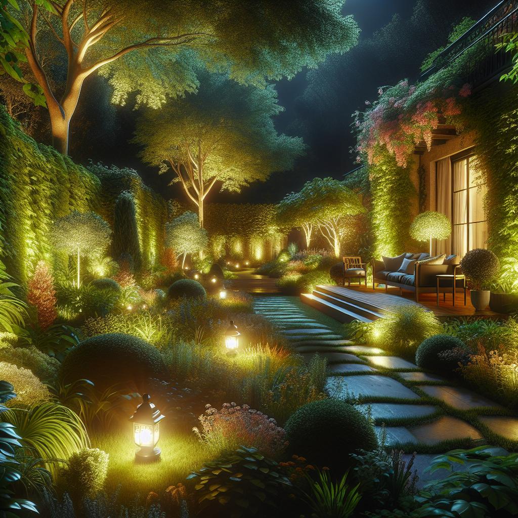 Peaceful evening garden illuminated