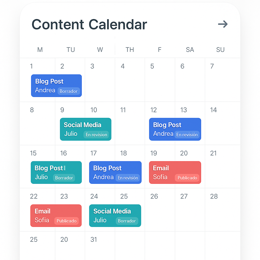 Interfaz de usuario de una aplicación de calendario editorial mostrando una vista mensual con entradas de contenido codificadas por colores, autores y estados.