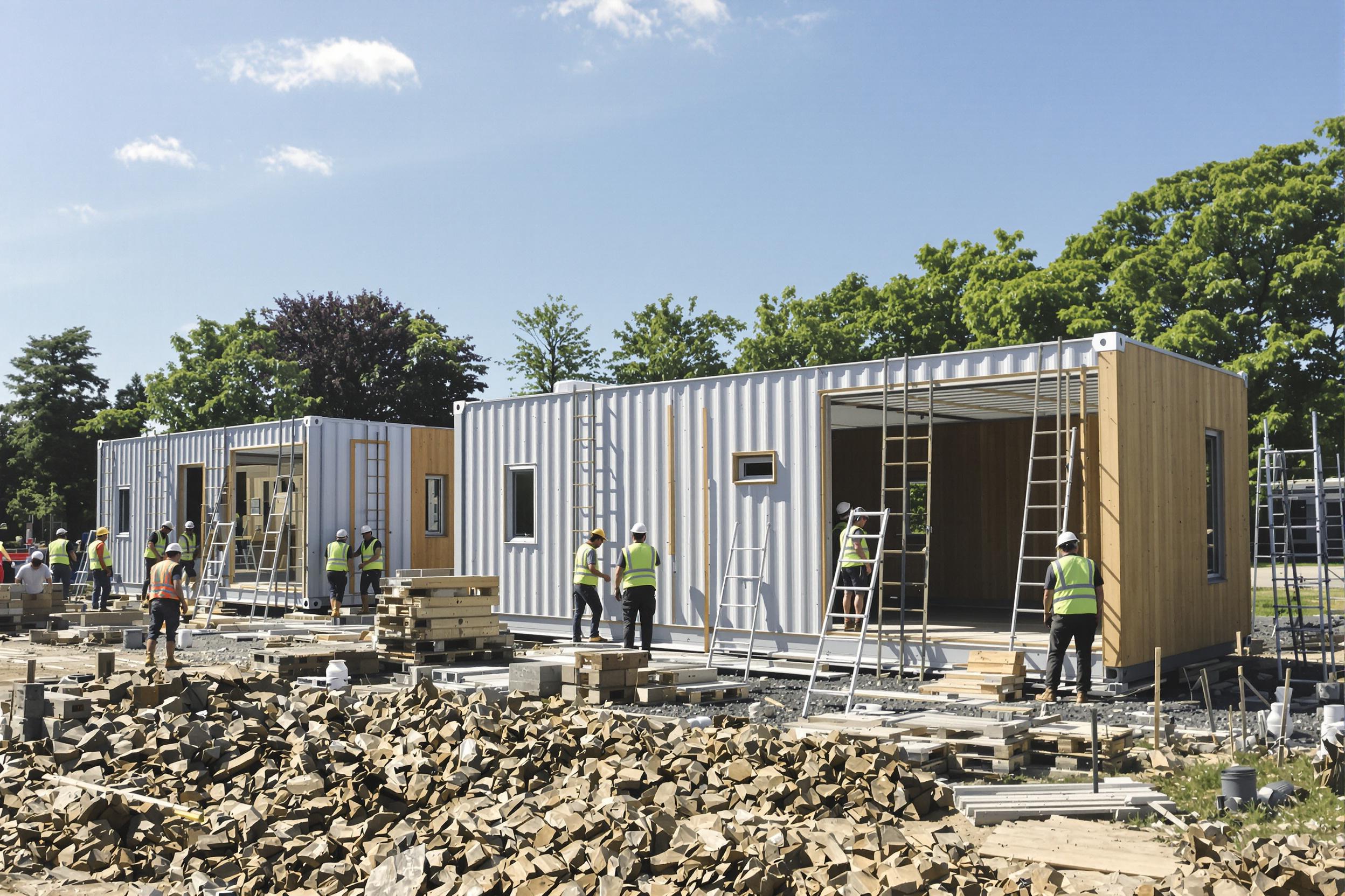 Chantier réel de maison container en campagne avec modules en acier, bois et équipe en action