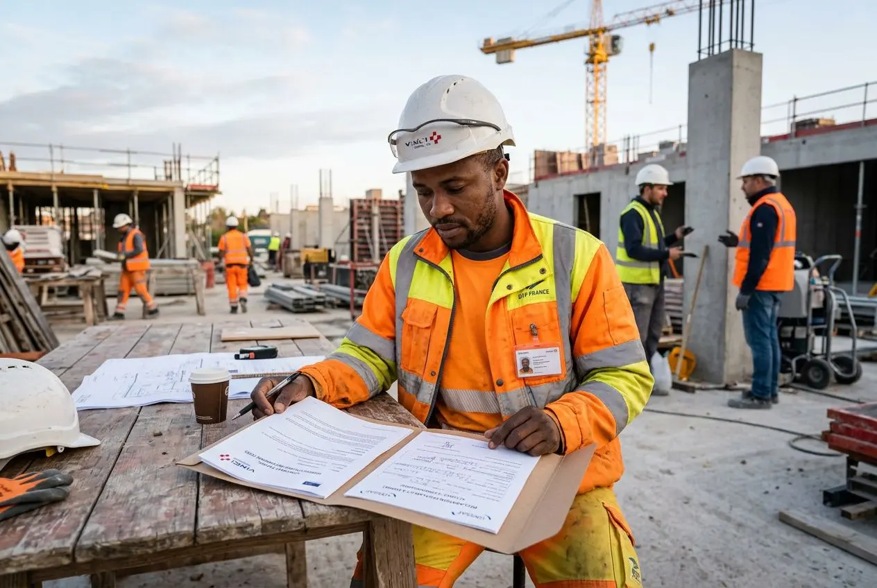 Homme travailleur étranger en construction signe des documents sur un chantier, portant casque et équipement de sécurité. sécurité sociale travailleur étranger en france est évoqué.