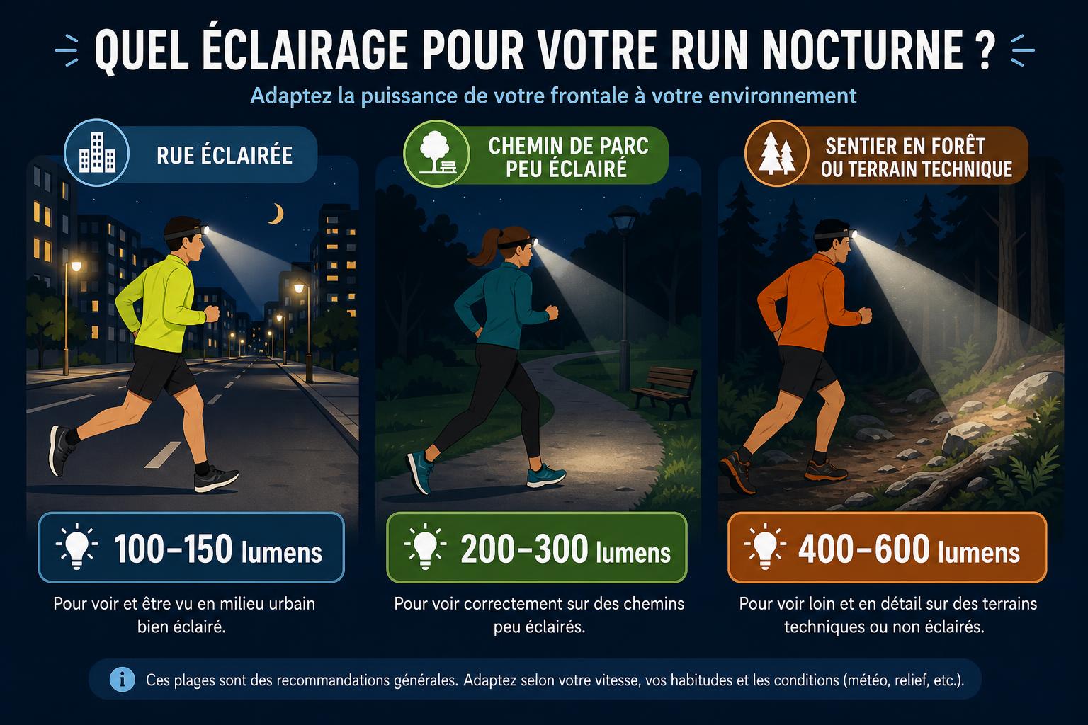 Carte illustrant trois éclairages de course nocturne: rue éclairée, chemin de parc peu éclairé et sentier forestier technique, avec valeurs 100–150, 200–300 et 400–600 lumens, et le sujet portant une lampe pour courir la nuit.