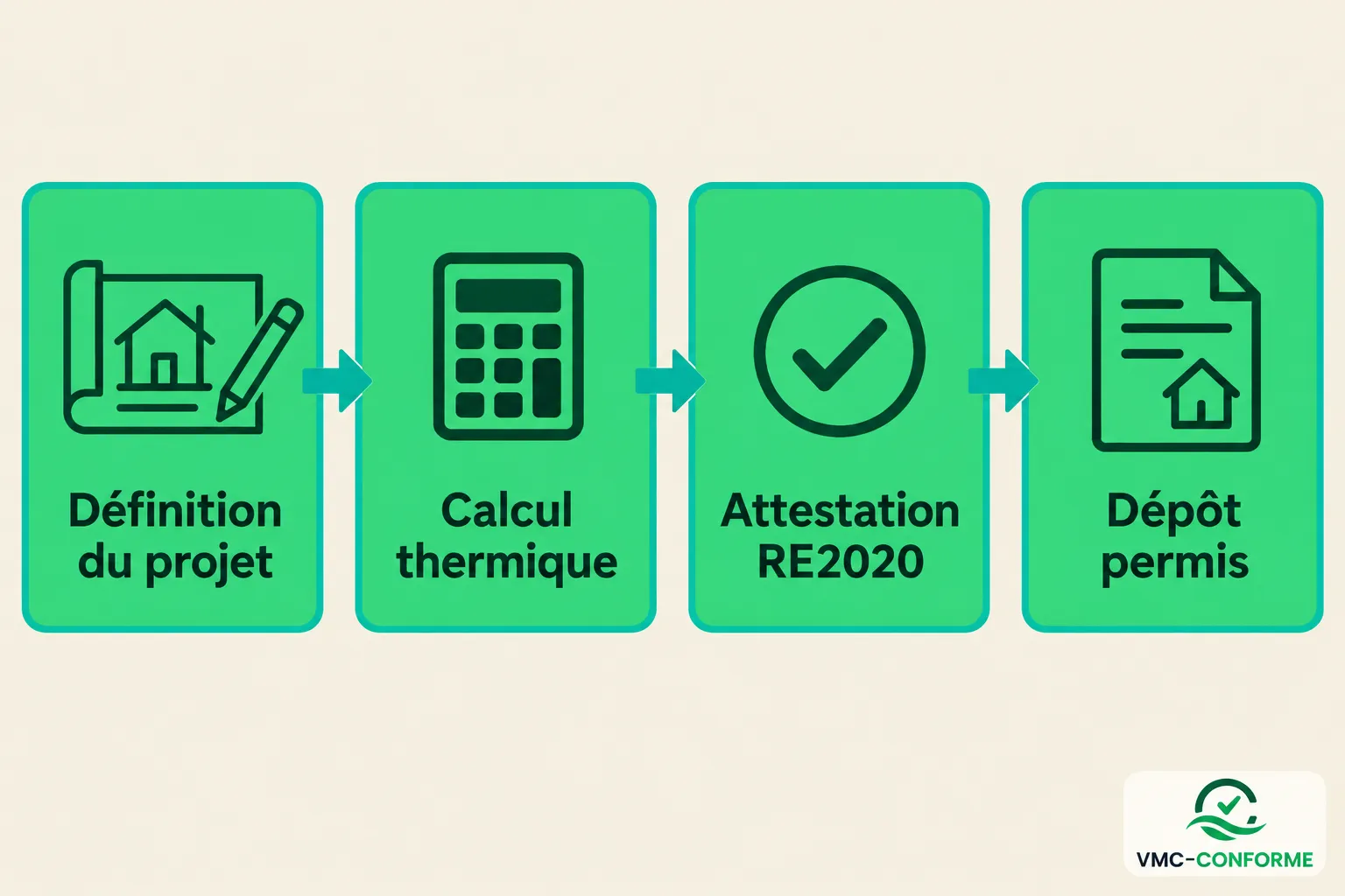 Diagramme affichant quatre étapes vertes: Définition du projet, Calcul thermique, Attestation RE2020 et Dépôt permis.