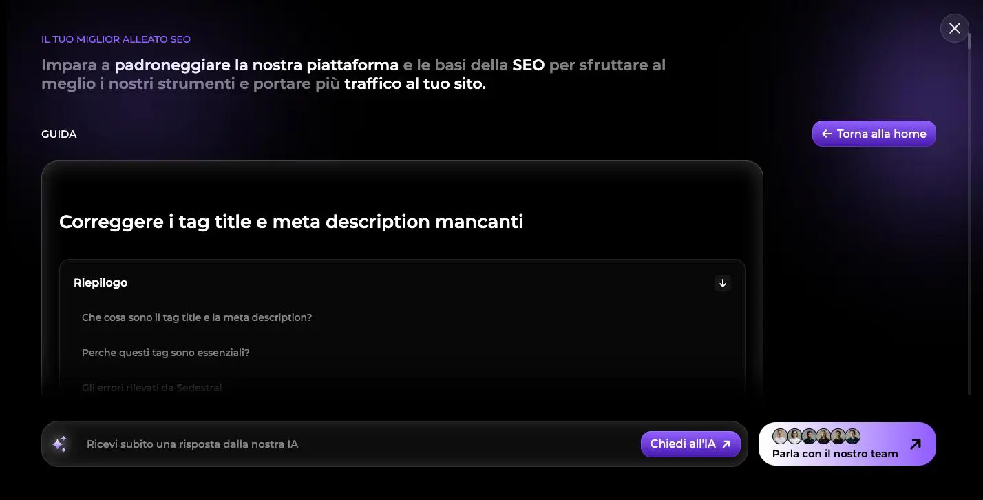 Guida alle correzioni aperta dall'audit tecnico, sui tag title e meta description mancanti, con il suo riepilogo