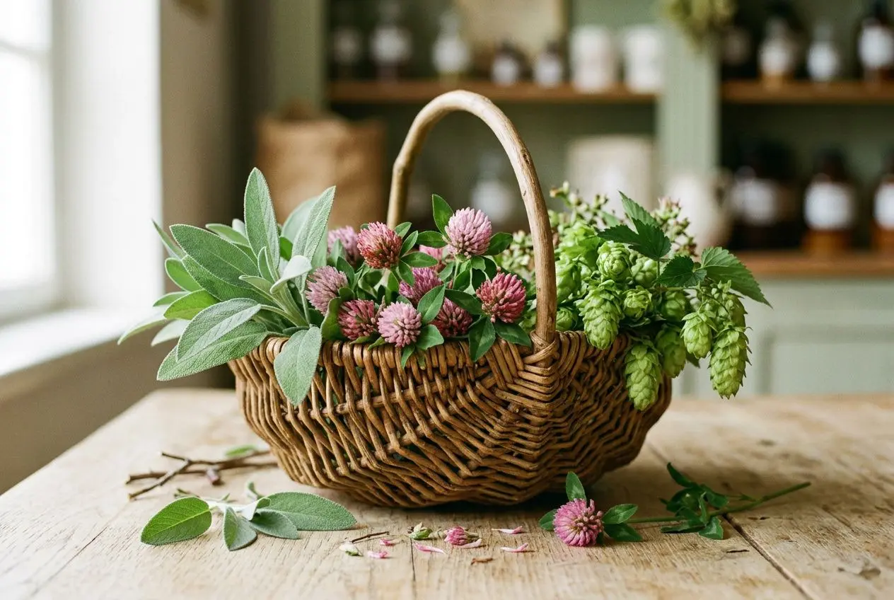 Panier en osier rempli de plantes médicinales pour la phytothérapie bouffées de chaleur, prêt à préparer des infusions.