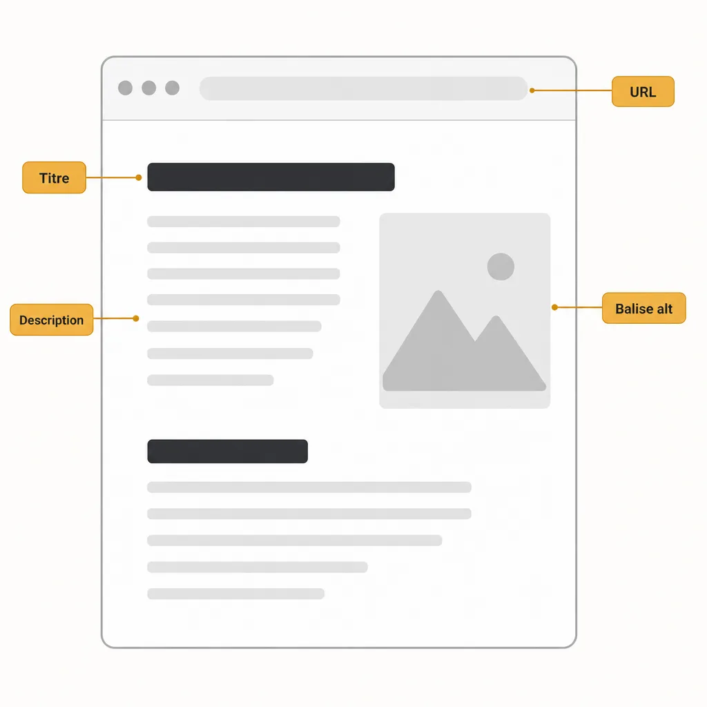 Maquette d'une page web annotée : URL, titre, description et balise alt reliés chacun par un trait à leur élément.