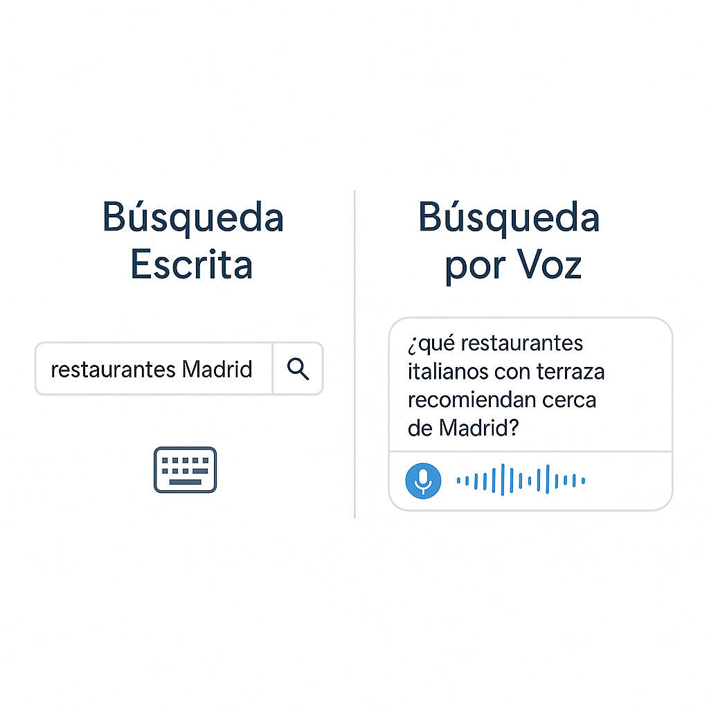 Esquema comparando una búsqueda escrita corta y una búsqueda por voz larga y conversacional para SEO.