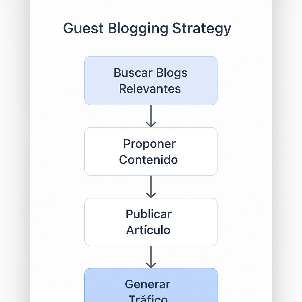 Schéma de la stratégie de guest blogging, montrant les étapes pour trouver des blogs, proposer du contenu, publier et générer du trafic. En espagnol.