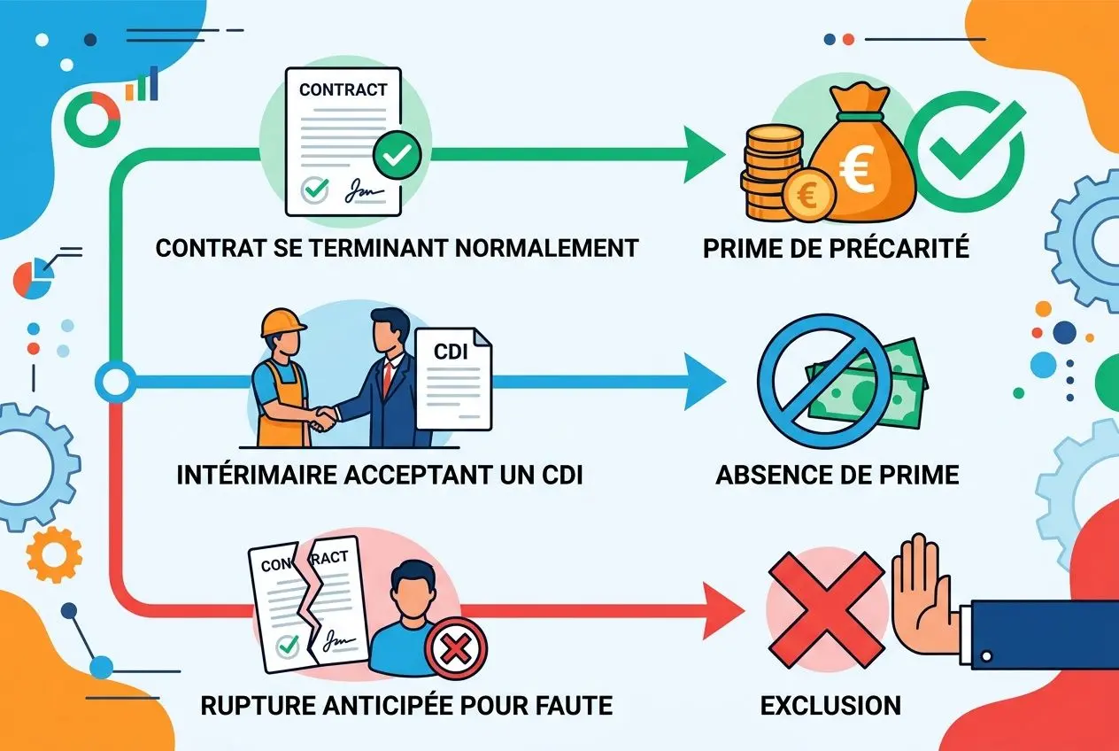 Illustration expliquant la prime de précarité pour un intérimaire et ses cas: fin de mission, absence de prime et rupture anticipée.
