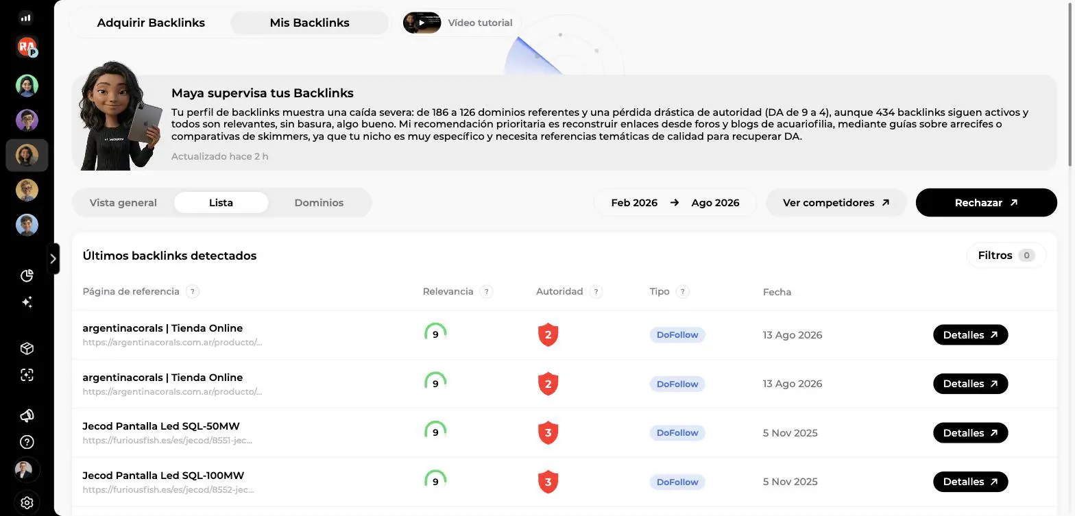 Tabla Últimos backlinks detectados con página de referencia, relevancia, autoridad, tipo DoFollow, fecha y botones Detalles