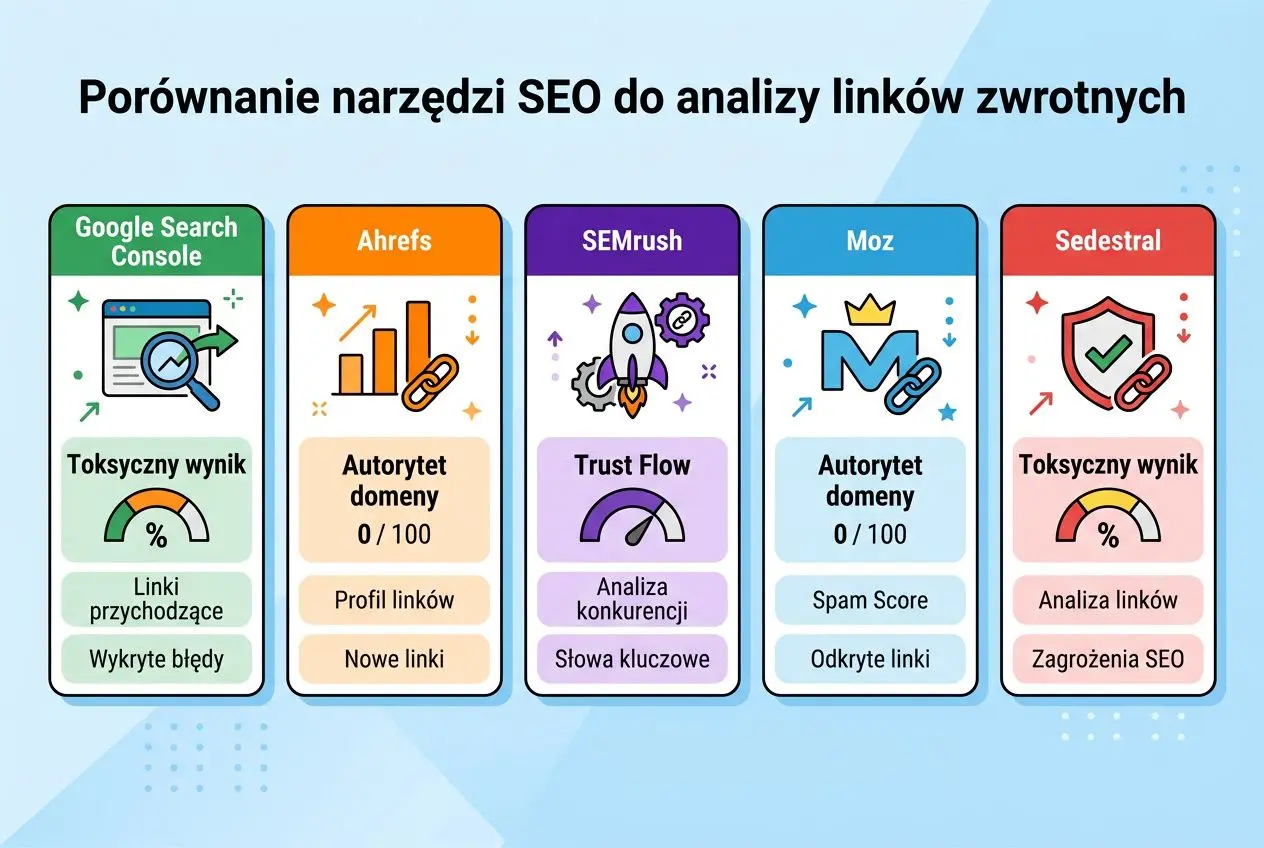 Porównanie narzędzi SEO do analizy linków zwrotnych z wynikami: toksyczny wynik i linki przychodzące w Google Search Console, Ahrefs, SEMrush, Moz i Sedestral. Audyt linków zwrotnych pokazuje autorytet domeny, profil linków i analizy konkurencji.