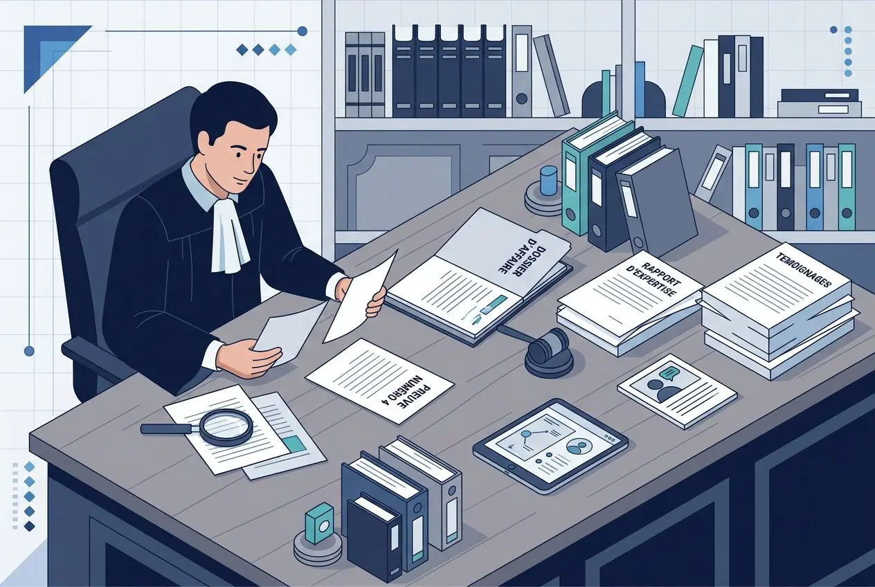 Avocat au bureau examinant des documents juridiques, avec des piles de preuves et dossiers sur le bureau. intégrant naturellement les types de preuves juridiques.