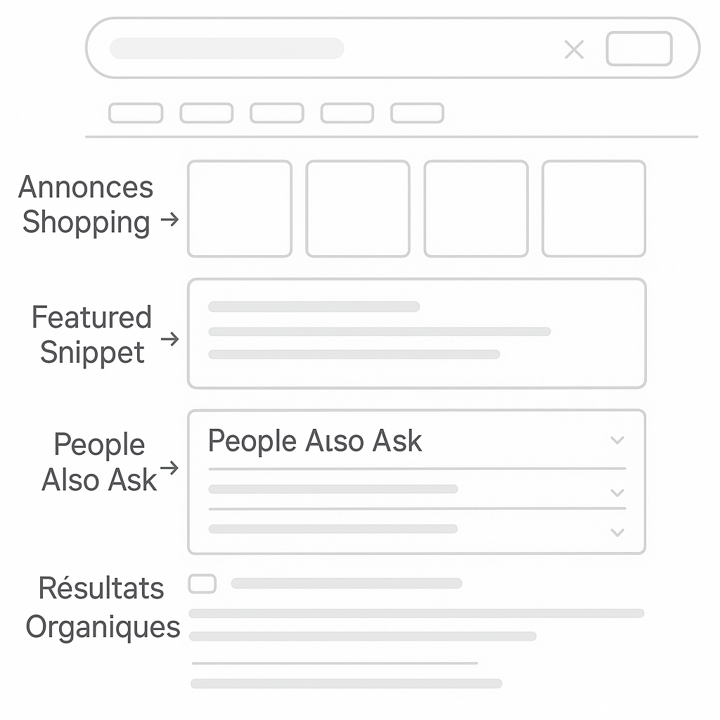Schéma d'une page de résultats Google (SERP) identifiant les différents éléments : annonces, featured snippet, résultats organiques et PAA.